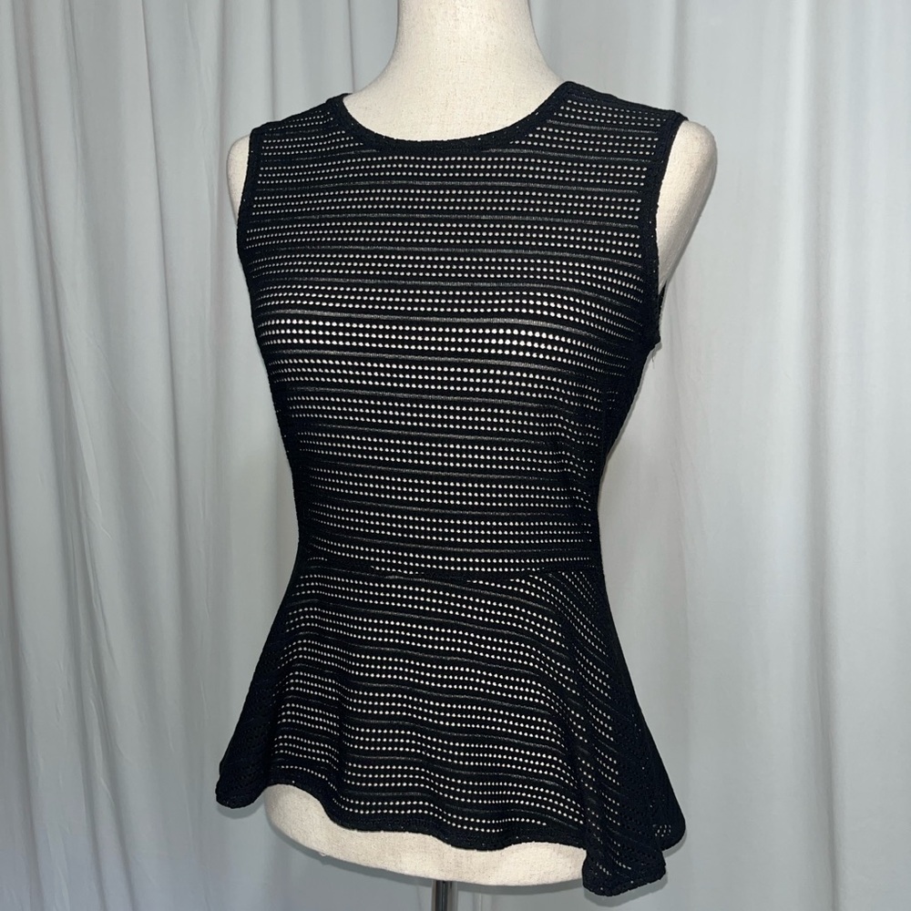 BCBGMAXAZRIA Black Mesh Peplum Top Sleeveless Exposed Zip Back Eyelet Knit Small